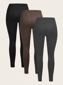 Slaydiva 3pcs/Set Plus Size Casual Soft Leggings In Black, Chocolate Brown Gray Suitable For Summer, And Suitable For Going Out Gym Formal Women's Sportswear - Multicolor - View 3