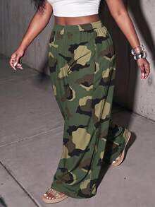 Slaydiva Plus Size Women's Camouflage Casual Wide Leg Pants For Daily Wear - Multicolor - View 1