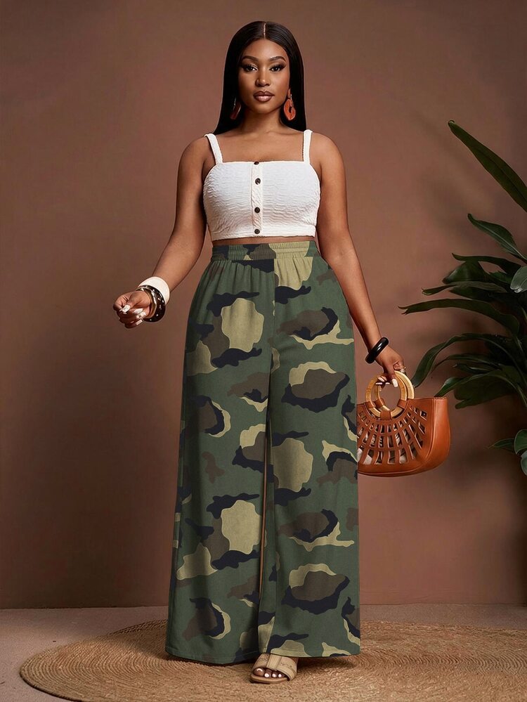 Slaydiva Plus Size Women's Camouflage Casual Wide Leg Pants For Daily Wear - Multicolor - View 4