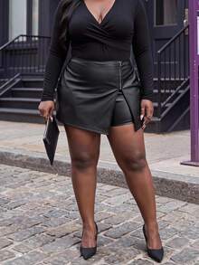 Slaydiva Plus Size Shorts - Sexy Party - Elastic Knit PU Leather Hollow-Out Pants - Black - View 2