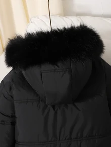 SHEIN 女童休閒端莊可愛連帽外套，人造毛領、口袋拉鍊設計、寬鬆版型、舒適，秋冬黑色校園社團風 - 黑色 - 查看 8