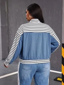 Slaydiva Plus Size Women's Striped Patchwork Denim Jacket, Zip Up Casual Loose Fit Jean Jacket, Color Block Streetwear Fall Outerwear With Pockets - Blue and White - View 2