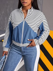 Slaydiva Plus Size Women's Striped Patchwork Denim Jacket, Zip Up Casual Loose Fit Jean Jacket, Color Block Streetwear Fall Outerwear With Pockets - Blue and White - View 4