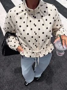 Muchica 女款波點印花抽繩腰牛仔夾克，長袖拉鍊休閒復古法式風上衣，秋季外套上衣 - 黑與白 - 查看 2