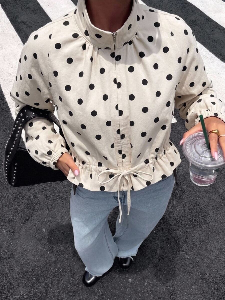 Muchica 女款波點印花抽繩腰牛仔夾克，長袖拉鍊休閒復古法式風上衣，秋季外套上衣