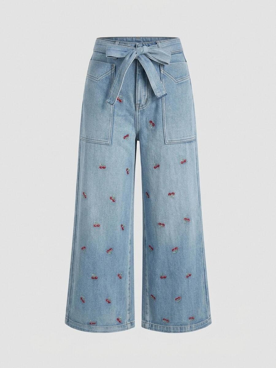 SHEIN MOD 女款櫻桃刺繡寬腿牛仔褲，高腰抽繩鬆弛版寬鬆牛仔褲，淺藍色水洗休閒可愛工裝風長褲