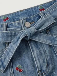 SHEIN MOD 女款櫻桃刺繡寬腿牛仔褲，高腰抽繩鬆弛版寬鬆牛仔褲，淺藍色水洗休閒可愛工裝風長褲 - 淺色水洗藍 - 查看 5