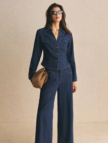 Poéselle 女款牛仔兩件套，單排扣短版上衣與高腰寬腿牛仔褲，休閒優雅秋季上班穿搭，修身口袋細節套裝 - 深色水洗藍 - 查看 7