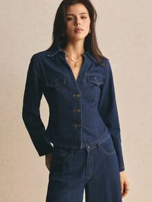 Poéselle 女款牛仔兩件套，單排扣短版上衣與高腰寬腿牛仔褲，休閒優雅秋季上班穿搭，修身口袋細節套裝 - 深色水洗藍 - 查看 4
