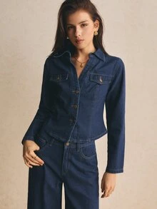 Poéselle 女款牛仔兩件套，單排扣短版上衣與高腰寬腿牛仔褲，休閒優雅秋季上班穿搭，修身口袋細節套裝 - 深色水洗藍 - 查看 5