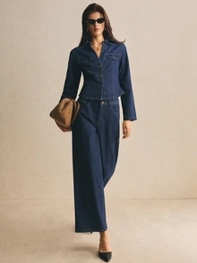 Poéselle 女款牛仔兩件套，單排扣短版上衣與高腰寬腿牛仔褲，休閒優雅秋季上班穿搭，修身口袋細節套裝 - 深色水洗藍 - 查看 6