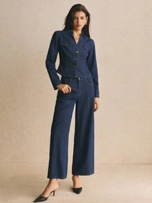 Poéselle 女款牛仔兩件套，單排扣短版上衣與高腰寬腿牛仔褲，休閒優雅秋季上班穿搭，修身口袋細節套裝 - 深色水洗藍 - 查看 3
