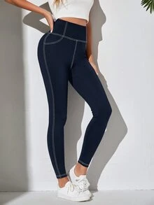 SHEIN EZwear [丹寧效果] 春夏海軍藍縫線細節寬腰緊身褲 - 藏蓝色 - 查看 3