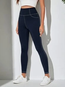 SHEIN EZwear [丹寧效果] 春夏海軍藍縫線細節寬腰緊身褲 - 藏蓝色 - 查看 4