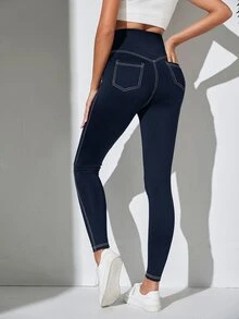 SHEIN EZwear [丹寧效果] 春夏海軍藍縫線細節寬腰緊身褲 - 藏蓝色 - 查看 1