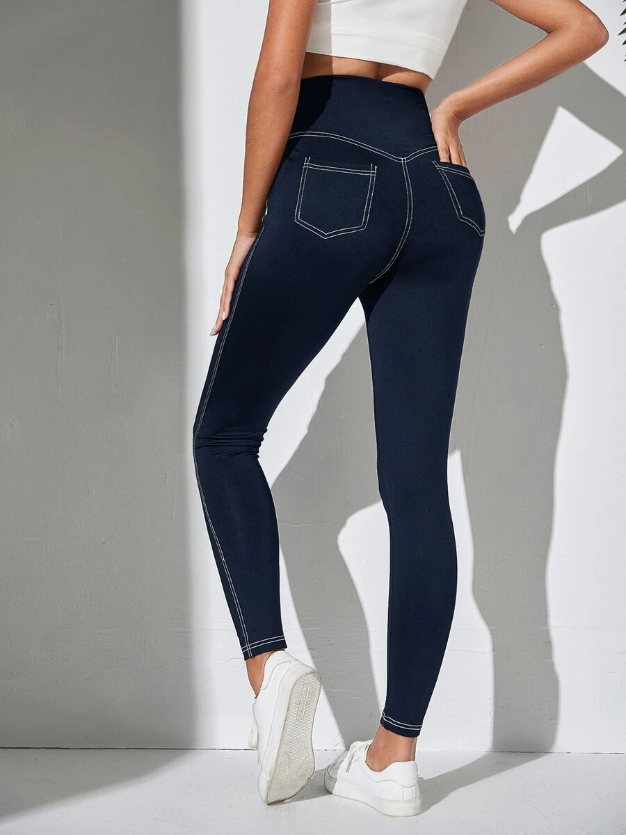 SHEIN EZwear [丹寧效果] 春夏海軍藍縫線細節寬腰緊身褲 - 藏蓝色 - 查看 1