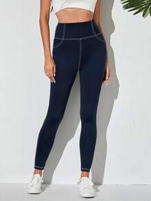 SHEIN EZwear [丹寧效果] 春夏海軍藍縫線細節寬腰緊身褲 - 藏蓝色 - 查看 6