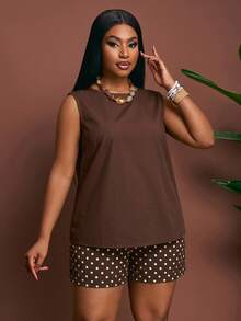 Veslaya Plus Size Summer Casual Solid Color Tank Top & Polka Dot Shorts 2 Pieces Set - Multicolor - View 5