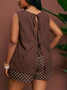 Veslaya Plus Size Summer Casual Solid Color Tank Top & Polka Dot Shorts 2 Pieces Set - Multicolor - View 2