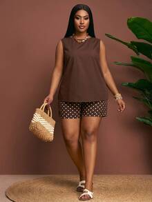 Veslaya Plus Size Summer Casual Solid Color Tank Top & Polka Dot Shorts 2 Pieces Set - Multicolor - View 6