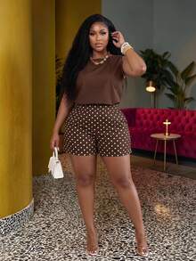 Veslaya Plus Size Summer Casual Solid Color Tank Top & Polka Dot Shorts 2 Pieces Set - Multicolor - View 1