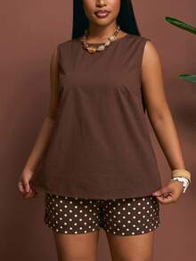 Veslaya Plus Size Summer Casual Solid Color Tank Top & Polka Dot Shorts 2 Pieces Set - Multicolor - View 3