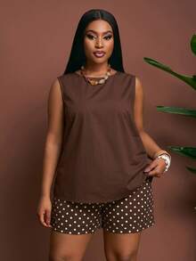 Veslaya Plus Size Summer Casual Solid Color Tank Top & Polka Dot Shorts 2 Pieces Set - Multicolor - View 4