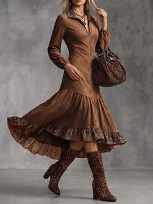 Wandoria Atasan Wanita Bergaya Vintage dengan Kerah Tegak, Resleting Setengah di Depan, Dekorasi Resleting Ganda, Motif Leopard, Patchwork, dan Hem Bergelombang, Cocok untuk Perjalanan Sehari-hari, Kencan, Jalan-jalan, Liburan, dan Berbagai Acara, Busana Modis untuk Musim Semi dan Gugur - Coklat - View 5