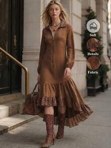 Wandoria Atasan Wanita Bergaya Vintage dengan Kerah Tegak, Resleting Setengah di Depan, Dekorasi Resleting Ganda, Motif Leopard, Patchwork, dan Hem Bergelombang, Cocok untuk Perjalanan Sehari-hari, Kencan, Jalan-jalan, Liburan, dan Berbagai Acara, Busana Modis untuk Musim Semi dan Gugur - Coklat - View 3