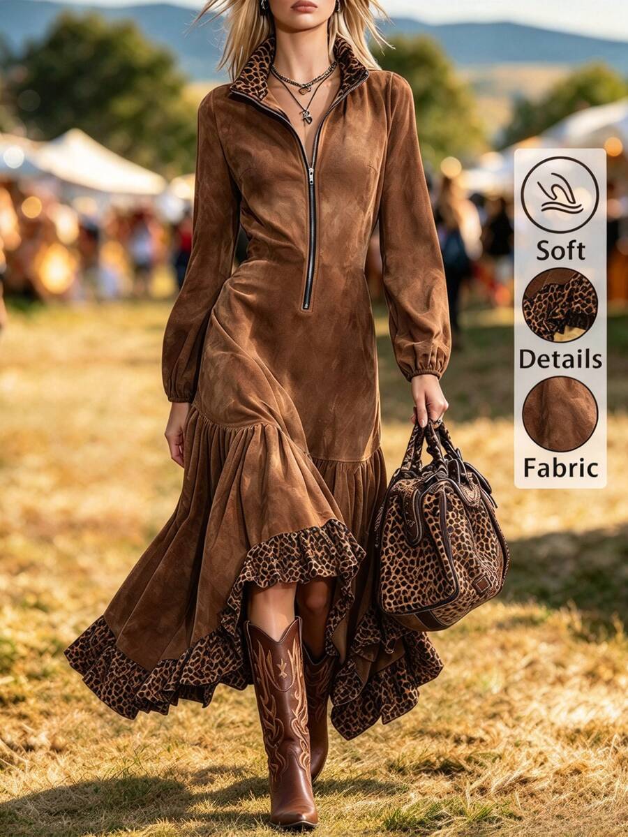 Wandoria Atasan Wanita Bergaya Vintage dengan Kerah Tegak, Resleting Setengah di Depan, Dekorasi Resleting Ganda, Motif Leopard, Patchwork, dan Hem Bergelombang, Cocok untuk Perjalanan Sehari-hari, Kencan, Jalan-jalan, Liburan, dan Berbagai Acara, Busana Modis untuk Musim Semi dan Gugur - Coklat - View 1