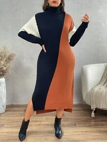 Calvaya Plus Size High Neck Color Block Elegant Long Sleeve Fitted Maxi Sweater Dress, Autumn & Winter, Popular New Arrival Slim Fit Fall - Multicolor - View 4