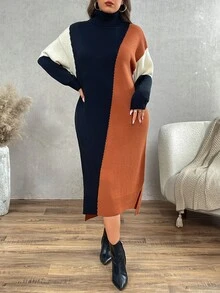 Calvaya Plus Size High Neck Color Block Elegant Long Sleeve Fitted Maxi Sweater Dress, Autumn & Winter, Popular New Arrival Slim Fit Fall - Multicolor - View 7