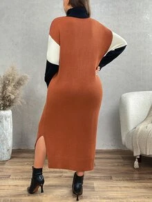 Calvaya Plus Size High Neck Color Block Elegant Long Sleeve Fitted Maxi Sweater Dress, Autumn & Winter, Popular New Arrival Slim Fit Fall - Multicolor - View 2