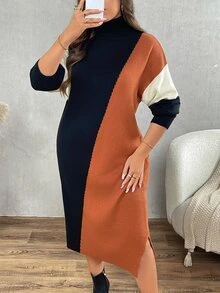 Calvaya Plus Size High Neck Color Block Elegant Long Sleeve Fitted Maxi Sweater Dress, Autumn & Winter, Popular New Arrival Slim Fit Fall - Multicolor - View 5