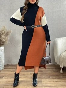 Calvaya Plus Size High Neck Color Block Elegant Long Sleeve Fitted Maxi Sweater Dress, Autumn & Winter, Popular New Arrival Slim Fit Fall - Multicolor - View 8