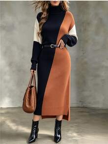 Calvaya Plus Size High Neck Color Block Elegant Long Sleeve Fitted Maxi Sweater Dress, Autumn & Winter, Popular New Arrival Slim Fit Fall - Multicolor - View 3