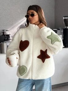 Pariaura Beige Sherpa Coat With Heart And Star Patches - بيج - مشاهدة 5