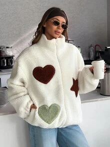 Pariaura Beige Sherpa Coat With Heart And Star Patches - بيج - مشاهدة 6