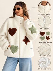 Pariaura Beige Sherpa Coat With Heart And Star Patches - بيج - مشاهدة 9