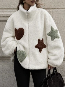 Pariaura Beige Sherpa Coat With Heart And Star Patches - بيج - مشاهدة 1