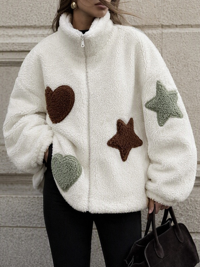 Pariaura Beige Sherpa Coat With Heart And Star Patches