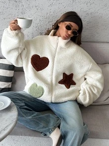 Pariaura Beige Sherpa Coat With Heart And Star Patches - بيج - مشاهدة 3