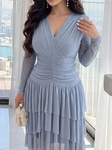 Feyla Women's Solid Color V-Neck Pleated Elegant Cinched Waist Mid-Length Dress For Party And Travel - Blue - View 3