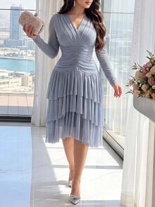 Feyla Women's Solid Color V-Neck Pleated Elegant Cinched Waist Mid-Length Dress For Party And Travel - Blue - View 2