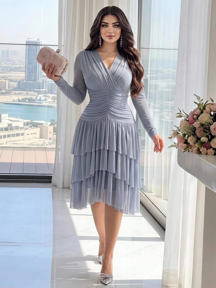 Feyla Women's Solid Color V-Neck Pleated Elegant Cinched Waist Mid-Length Dress For Party And Travel - Blue - View 1