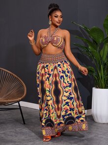 Veslaya Plus Size Women Halter Neck Ruffle 2 Pieces Co-Ords Set - Multicolor - View 3