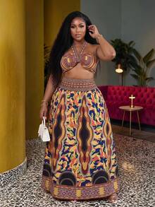 Veslaya Plus Size Women Halter Neck Ruffle 2 Pieces Co-Ords Set - Multicolor - View 1