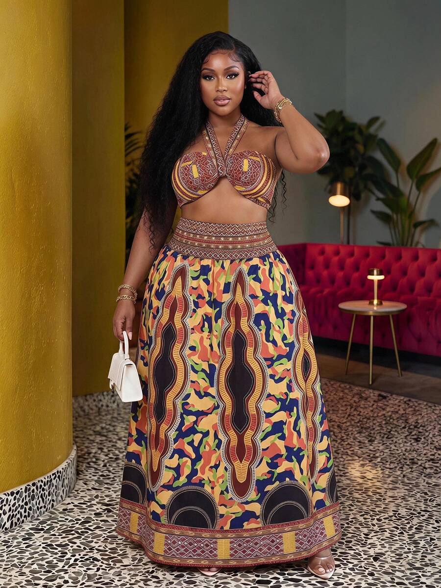Veslaya Plus Size Women Halter Neck Ruffle 2 Pieces Co-Ords Set - Multicolor - View 1