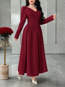 Feyla 女士纯色V领羊腿袖褶裥中长连衣裙 - 酒紅色 - 查看 3