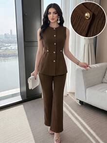 Feyla Women's Elegant Commuter Vest And Pants 2 Pieces Set - Coffee Brown - View 2